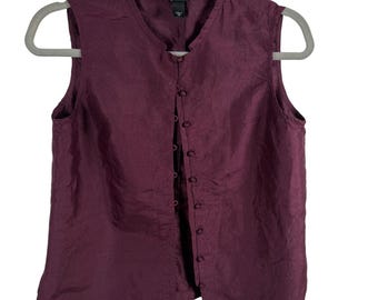Top Eileen Fisher para mujer, morado, de seda, sin mangas, con botones delanteros y textura arrugada, talla petite, vintage.