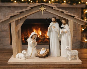 Handcrafted Solid Oak Stable | Wooden Tabletop Nativity | Loftin Model Farmhouse Manger Scene