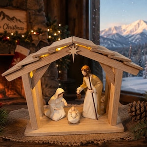 Nativity Tabletop - Modern Farmhouse | Solid Red Oak Manger Scene Stable - Lighted Loftin Model