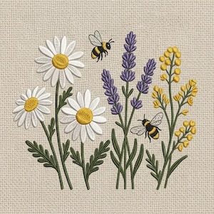 May include: Embroidered floral design featuring white daisies with yellow centers, purple lavender, and yellow wildflowers. Two bees are flying among the flowers. The background is a light beige fabric.