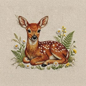 Puede incluir: Imagen bordada de un cervatillo con pelaje marrón y manchas blancas, tumbado entre margaritas, helechos y hierba. El cervatillo tiene orejas grandes y ojos oscuros, sobre un fondo de tela beige. La obra de arte tiene un aspecto detallado y texturizado.