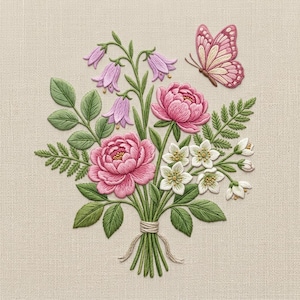May include: Embroidered floral bouquet featuring pink peonies, white flowers, and lavender bellflowers, tied with twine. A pink butterfly hovers nearby. The design is set against a neutral, textured background.