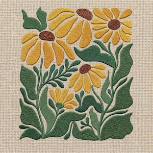 May include: Embroidered floral design featuring yellow flowers with brown centers and green leaves on a beige background. The artwork showcases a stylized botanical theme, perfect for home decor or textile applications.