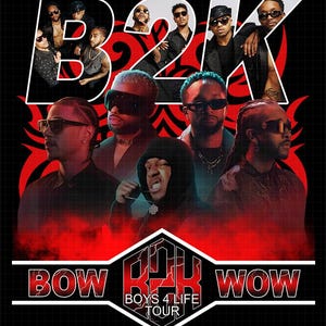 Pode incluir: Cartaz de concerto com o grupo B2K e o texto "BOW WOW" em vermelho. O cartaz tem um fundo preto com detalhes em vermelho e as palavras "BOYS 4 LIFE TOUR". A imagem inclui múltiplos retratos dos membros da banda.