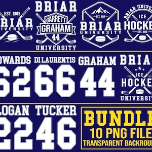 May include: A navy blue graphic design featuring hockey-themed logos and jersey numbers. The logos include text such as "Briar University" and "Ice Hockey". Numbers 62, 66, 44, 22, and 46 are displayed. The image also includes the text "Bundle 10 PNG File Transparent Background."