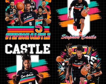 May include: A black t-shirt with the text "San Antonio" and the number "5" is featured in a collage. The image includes basketball players and the words "Stephon Castle" and "Spurs". The design incorporates teal, pink, and orange.