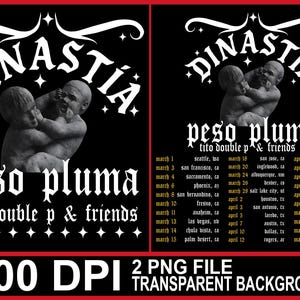 Könnte beinhalten: Schwarzes Grafikdesign mit dem Wort "DINASTIA" in einer stilisierten Schriftart und einer klassischen Skulptur von zwei Figuren. Darunter steht "peso pluma tito double p & friends". Ein Tourplan ist aufgeführt.