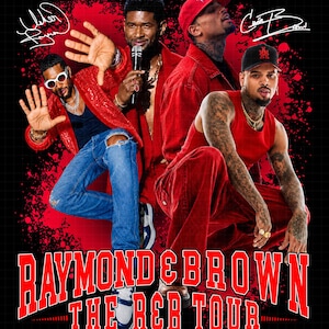May include: A promotional graphic for the Raymond & Brown The R&B Tour featuring Usher and Chris Brown. The image displays both artists in red attire against a black background with red paint splatters and bold red text at the bottom.
