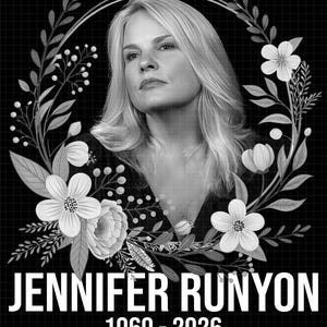 May include: A black and white memorial portrait of Jennifer Runyon, surrounded by a floral wreath. The image features the name "JENNIFER RUNYON" and the years "1960 - 2026" in white text on a black grid background.
