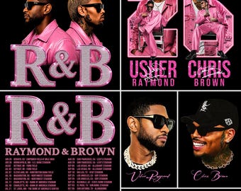 May include: A digital graphic featuring Usher and Chris Brown wearing pink jackets and sunglasses. The design includes the text R&B, Raymond & Brown, and a list of concert tour dates. The images are set against a black background with pink accents.
