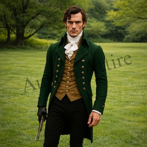 May include: A man in a green double-breasted coat with gold buttons, a tan vest, and a white cravat. He wears black pants and gloves, holding a pistol. The background is a green field and trees.