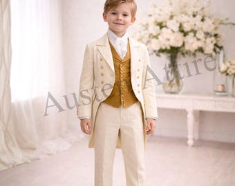 Handmade Boys Victorian Regency Costume – White Tailcoat, Gold Vest - Historical Formal Suit for Boys