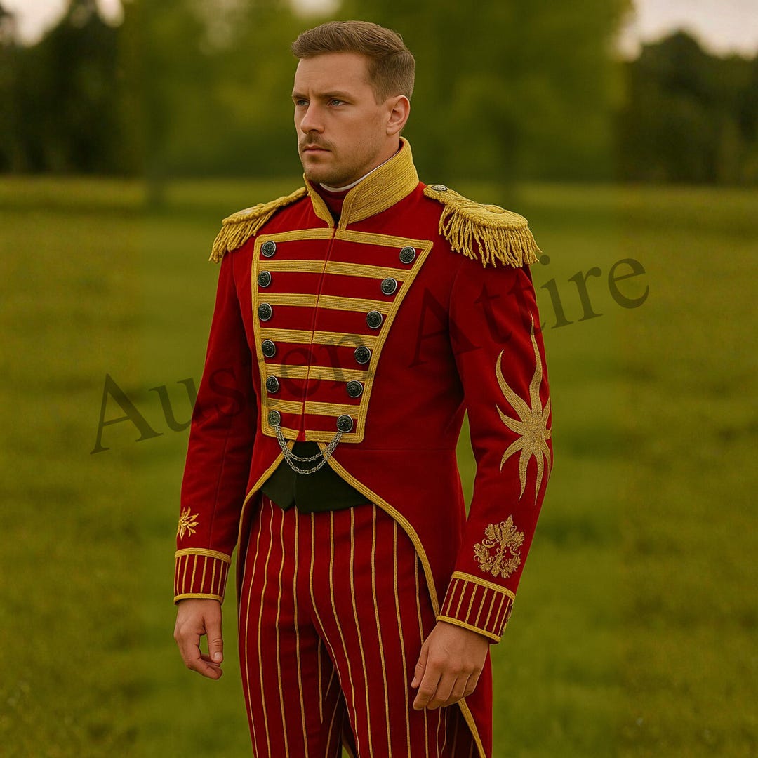 Men’s Red Velvet Ringmaster Costume With Gold Embroidery | Circus ...