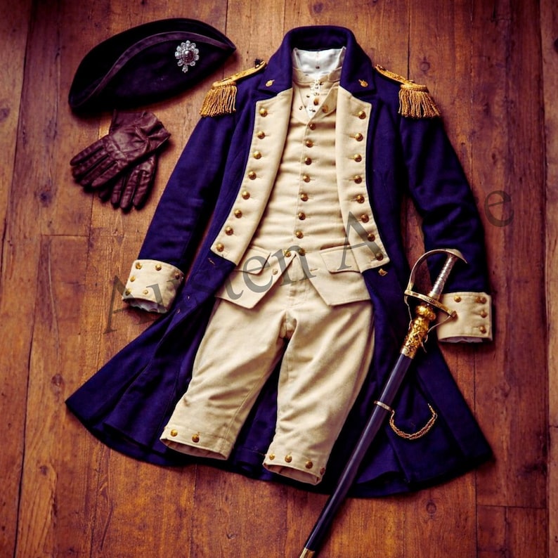 George Washington Napoleonic Uniform Navy Gold Military Costume Historical Revolutionary War Outfit - napoleonic uniform - military costume - historical outfit - revolutionary war - mens cosplay - officer uniform - reenactment gear - regency military - colonial costume - theatre costume - period clothing - custom uniform - vintage military - historical coat