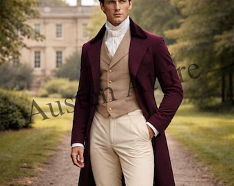 May include: A burgundy long coat with a velvet collar, worn over a tan vest and cream-colored pants. The outfit is completed with a white ruffled shirt. The ensemble is reminiscent of historical attire.
