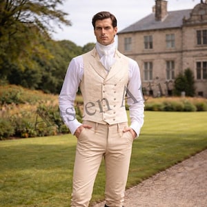 May include: A beige waistcoat with a double-breasted design, paired with matching beige trousers and a white collared shirt. The outfit is completed with a white ascot. The image is set outdoors with a building in the background.