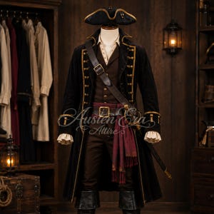 May include: A black velvet long coat with gold trim and buttons, a brown waistcoat, a white collared shirt with ruffled cuffs, dark trousers, a maroon sash, a black leather belt with a gold buckle, a shoulder strap, and a black tricorn hat.