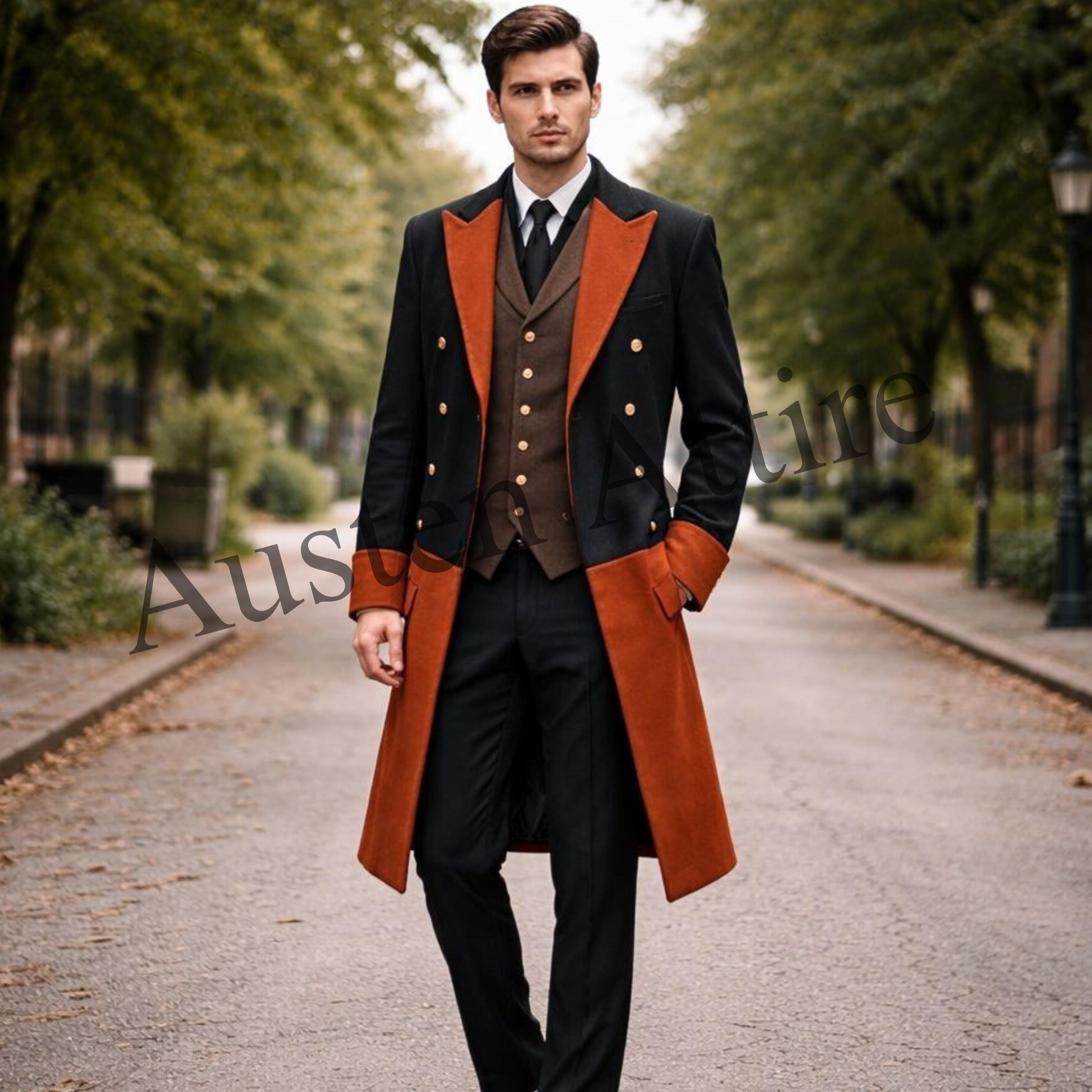 long coat dress for men Men's Victorian Long Coat Outfit | Black & Burnt Orange Double Breasted  Overcoat | Steampunk Gentleman Costume