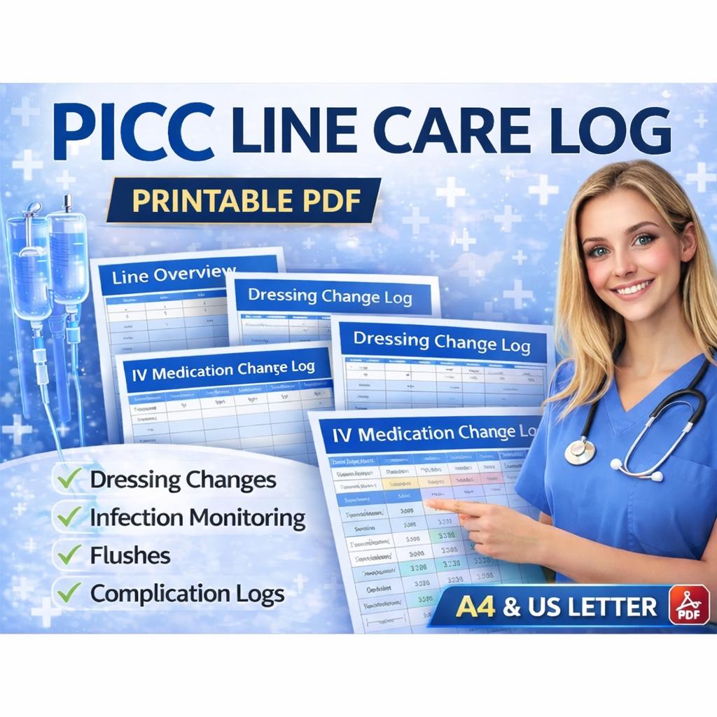 PICC Line Care Log Printable PDF | Central Line Tracker | Nursing Documentation Sheets | IV Care ...