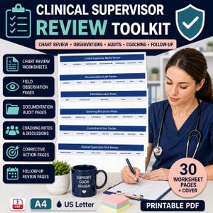 May include: A Clinical Supervisor Review Toolkit printable PDF set featuring 30 worksheet pages and a cover. The documents include a Clinical Supervisor Master Review, Documentation Audit Tracker, Field Observation Notes, Coaching Discussion Notes, Corrective Action Tracker, and Clinical Supervisor Final Review. The set is available in A4 and US Letter sizes.