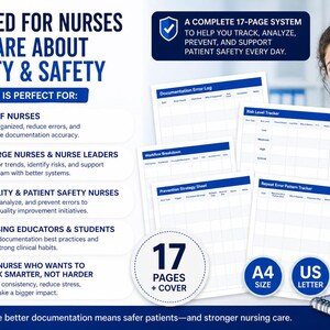 May include: A 17-page system for nurses, designed to help track, analyse, prevent, and support patient safety. Includes documentation logs and trackers. A4 and US Letter size. The image also includes a smiling nurse in scrubs.