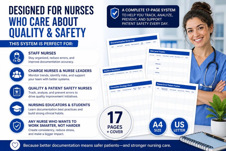 May include: A 17-page system for nurses, designed to help track, analyse, prevent, and support patient safety. Includes documentation logs and trackers. A4 and US Letter size. The image also includes a smiling nurse in scrubs.