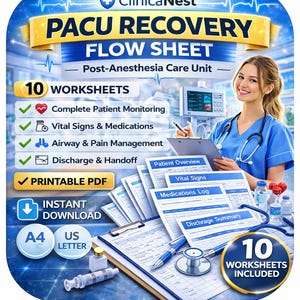 Può includere: Grafica scaricabile digitalmente a tema medico. L'immagine include un professionista sanitario sorridente, un appunti e diversi fogli di lavoro etichettati come "Patient Overview", "Vital Signs" e "Medications Log". Il testo recita "PACU Recovery Flow Sheet".