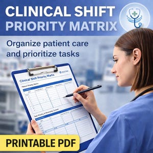 Puede incluir: Una persona con uniforme azul sostiene una carpeta azul con un formulario "Clinical Shift Priority Matrix". El formulario incluye secciones para la prioridad del paciente y de las tareas. El texto "PRINTABLE PDF" está en una pancarta amarilla.