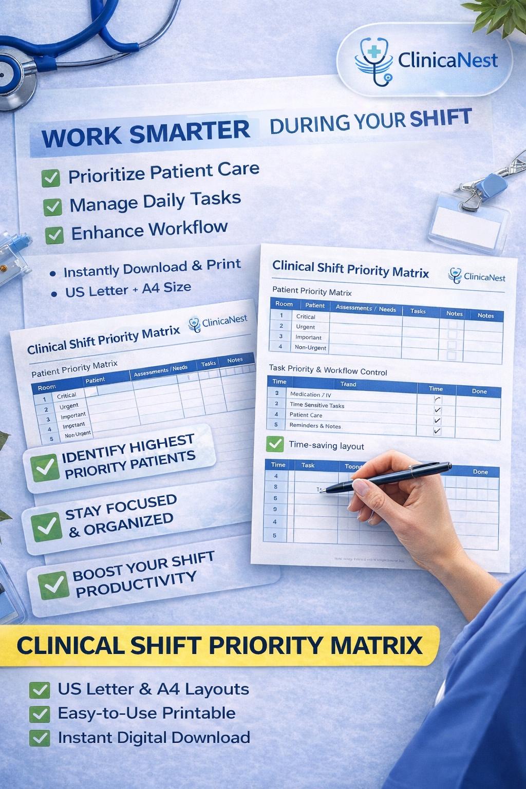 Clinical Shift Priority Matrix Printable PDF | Nursing Decision-making ...