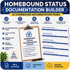 Op de afbeelding: Een Homebound Status Documentation Builder set met 32 printbare pagina's in A4 en US Letter formaat. De set bevat een klembord met een voorblad, diverse formulieren voor het bijhouden van mobiliteit en inspanning, en een zwarte pen.