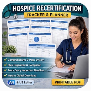 Peut inclure: Un planificateur numérique intitulé "Hospice Recertification Tracker & Planner" avec un design bleu et blanc. L'image comprend une femme en blouse, un ordinateur portable et plusieurs pages avec des graphiques et des listes de contrôle. Le planificateur est disponible en PDF imprimable.