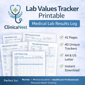 May include: A printable medical lab results log with the text "Lab Values Tracker Printable." The image includes several pages labeled "Lab Values Log," "CBC Results Tracker," and "Thyroid Lab Tracker." The log offers 41 pages, 40 unique trackers, and A4 & US Letter sizes.
