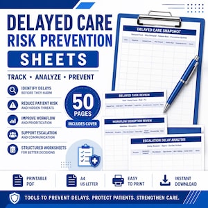 Puede incluir: Un portapapeles azul con un bolígrafo y varias hojas de trabajo tituladas "Delayed Care Snapshot", "Delayed Task Review", "Workflow Disruption Review" y "Escalation Delay Analysis". La imagen también incluye el texto "Delayed Care Risk Prevention Sheets".