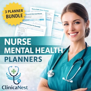 Puede incluir: Imagen que promociona planificadores de salud mental para enfermeras, con una persona sonriente con uniforme turquesa y un estetoscopio. La imagen incluye un paquete de tres planificadores, con el texto "Nurse Shift Stress Tracker" y "Nurse Emotional Check-In Journal". También es visible el logotipo de ClinicaNest.