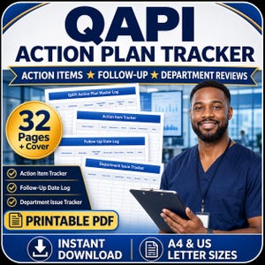 May include: A QAPI Action Plan Tracker printable PDF set featuring 32 pages plus a cover. Includes an Action Item Tracker, Follow-Up Date Log, and Department Issue Tracker. The document is available in A4 and US Letter sizes for instant download.