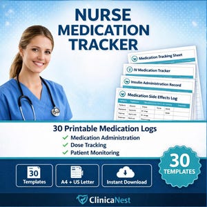 May include: A digital product image featuring a smiling nurse in blue scrubs with a stethoscope. The image promotes a "Nurse Medication Tracker" with 30 printable medication logs for administration, dose tracking, and patient monitoring. Includes A4 and US Letter sizes.