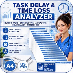 May include: Image of a Task Delay & Time Loss Analyzer. The image includes a woman in scrubs, a stack of documents, and text that reads "Printable PDF Instant Download". The documents include titles such as "Task Time Capture Log" and "Efficiency Improvement Plan".