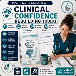Puede incluir: Un kit de herramientas digital de reconstrucción de la confianza clínica con un cuaderno de espiral, una taza verde y una mujer escribiendo. La portada del cuaderno tiene una silueta y el texto "Clinical Confidence Rebuilding Toolkit". La taza dice "Reflect. Reset. Rebuild. Thrive."