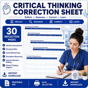 May include: A printable PDF titled "Critical Thinking Correction Sheet" with 30 reflection pages. The image includes a woman in scrubs writing on a notepad, a mug that says "Think, Analyze, Correct, Learn", and a small potted plant.