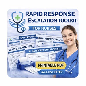 Op de afbeelding: Een digitale toolkit voor verpleegkundigen, met checklists en formulieren voor snelle respons- en escalatieprotocollen. De afbeelding bevat een printer, een lachende verpleegkundige en de tekst "PRINTABLE PDF" en "A4 & US LETTER".