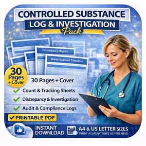 Pode incluir: Um pacote de download digital para registro e investigação de substâncias controladas. A imagem mostra uma mulher de jaleco segurando uma prancheta, com um fundo de documentos. O pacote inclui 30 páginas, folhas de contagem e rastreamento e registros de discrepâncias e investigação.