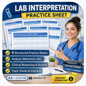 Puede incluir: Una descarga digital titulada "Hoja de práctica de interpretación de laboratorio" con una mujer sonriente en uniforme. La imagen incluye hojas de práctica, un cuaderno y libros sobre farmacología y enfermería. El texto destaca características como el análisis de laboratorios y el seguimiento de tendencias.