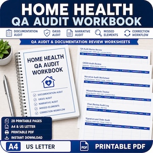 Peut inclure: Un cahier d'exercices Home Health QA Audit à reliure spirale avec une couverture blanche, du texte bleu et une icône de maison. Il contient des feuilles de travail pour l'audit de documentation, l'OASIS, les audits narratifs et les flux de travail.