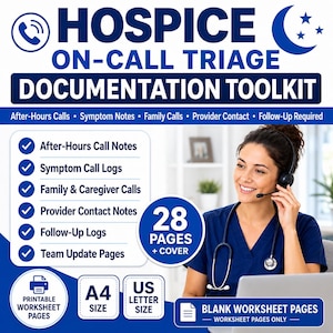 Op de afbeelding: Een Hospice On-Call Triage Documentatie Toolkit met 28 pagina's plus omslag. Bevat secties voor gespreksnotities, symptoomlogboeken, familiegesprekken, contacten met zorgverleners, follow-up logs en teamupdates. Afdrukbaar in A4 en US Letter formaat.