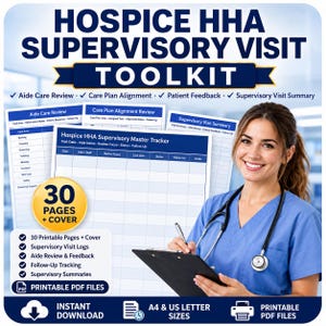 以下が含まれることがあります： 30ページの印刷可能なページとカバーを含むHospice HHA Supervisory Visit Toolkit。ドキュメントセットには、Hospice HHA Supervisory Master Tracker、Aide Care Review、Care Plan Alignment Review、およびSupervisory Visit Summaryフォームが含まれています。