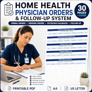 Può includere: Un sistema di 30 pagine per il monitoraggio degli ordini medici e follow-up in formato PDF stampabile A4 e US Letter. Include registri per ordini verbali, ordini in sospeso, richiami medici e firme mancanti con colonne per date e note.