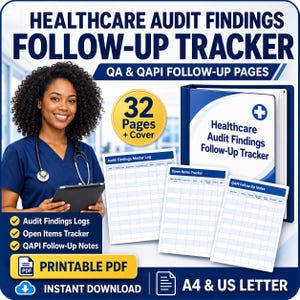 Pode incluir: Um conjunto de rastreamento de resultados de auditoria de saúde em PDF imprimível com 32 páginas e capa. Inclui um registro principal, rastreador de itens abertos e notas de acompanhamento QAPI. Disponível em A4 e US Letter.