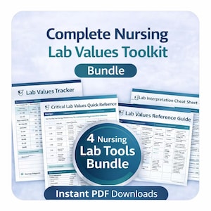 May include: A collection of four nursing lab tools, including a tracker, quick reference, cheat sheet, and reference guide. The title "Complete Nursing Lab Values Toolkit" is displayed in teal and navy blue. Available as instant PDF downloads.