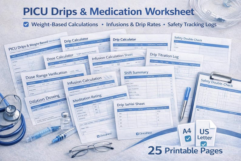 PICU Drips Worksheet Printable, Pediatric ICU Medication Dosing Sheet ...