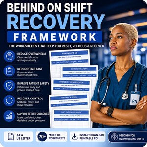 May include: A digital download titled "Behind on Shift Recovery Framework" with worksheets to help reset, refocus, and recover. The image includes a nurse and several worksheets with prompts to reduce overwhelm, improve patient safety, and recover control.